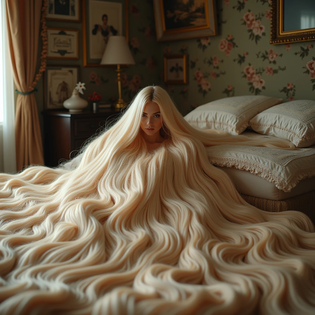 A young, beautiful, pale-skin white woman. Sitting seductively naked on her bed. Showing her tiny, perky breasts and pink tiny nipples. She stares at the camera with her slanted, sad, light blue eyes. She is short. She has a tiny body. She has an adorable thin face, a long jaw, high cheek bones, large lips and a cute tiny nose. She has very curly, wavy, thick, large, ankle length, light blonde hair.