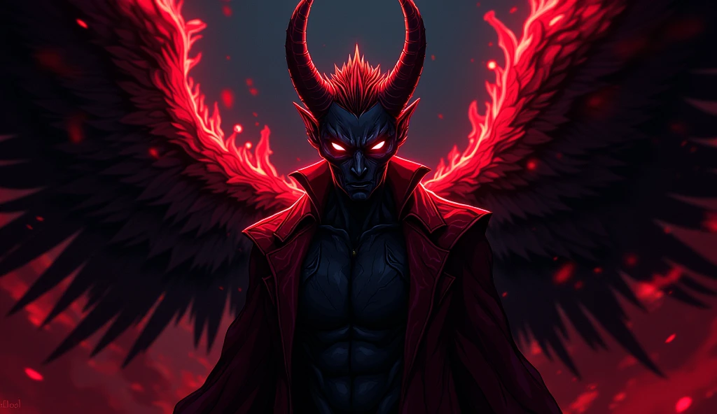 Humanoid creature with a male appearance, bright blood red hair
Very bright pink eyes
Pink eyes Very bright
Scaly skin with black angel wings on the back