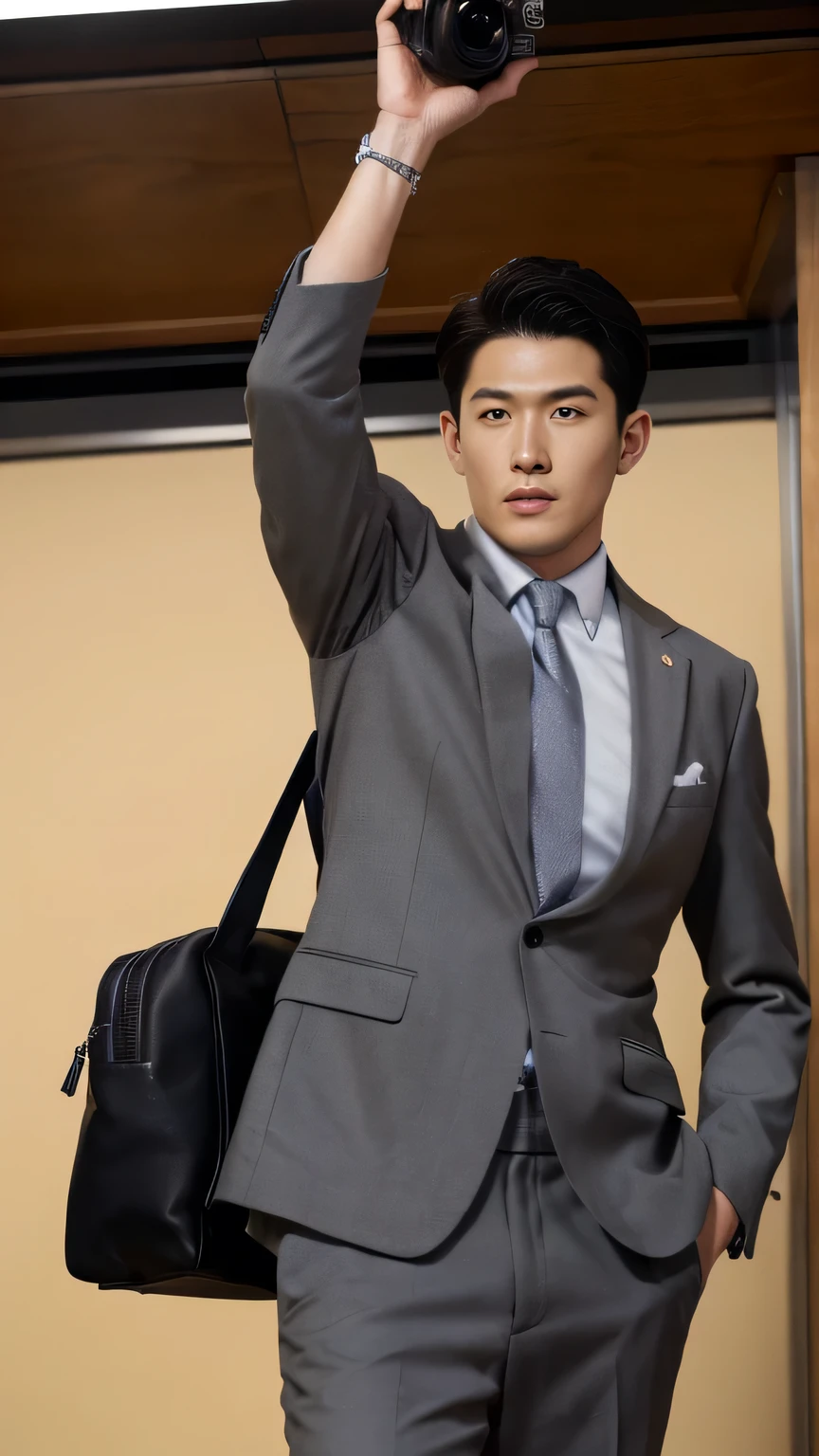 Atmospheric Boy，With school bag storage pocket, grey Clothes, Textured skin, Watch the camera bust, Photos, Realistic photos of black hair, High-quality image effects, Ryohei Suzuki wearing light brown suit and black tie inside court room  crowds of people background blurr face camera 