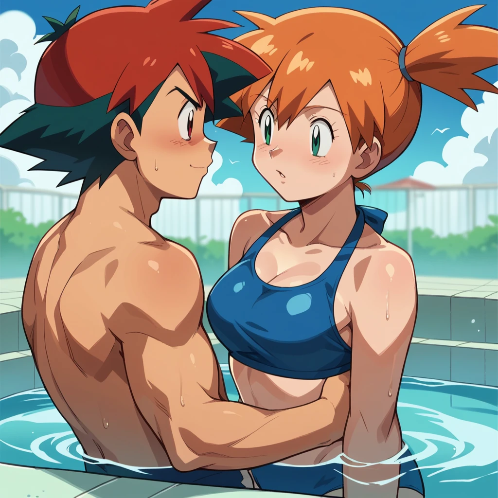 1boy, ash ketchum, black hair, brown eyes, hair between eyes, ash ketchum, open shirt, short sleeves, shirtless, male swimwear, handsome boy, macho, good looking boy 1girl, misty pokemon, orange hair, green eyes, blue swimsuit, blue bikini, pretty, beautiful girl photograph of a 18 years couple, on a pool, they're submerged into the water pool, they're showing off their love and affection for each other, intimacy, looking at each other