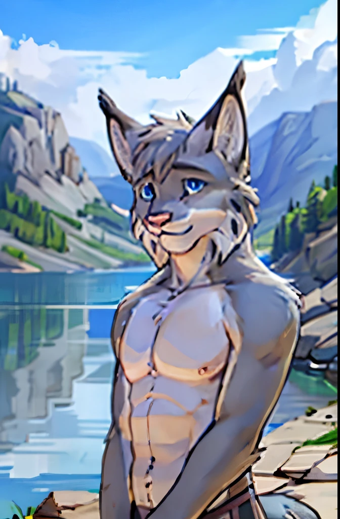 tj, anthro, furry, blue eyes, grey fur, shirtless, lake background, 