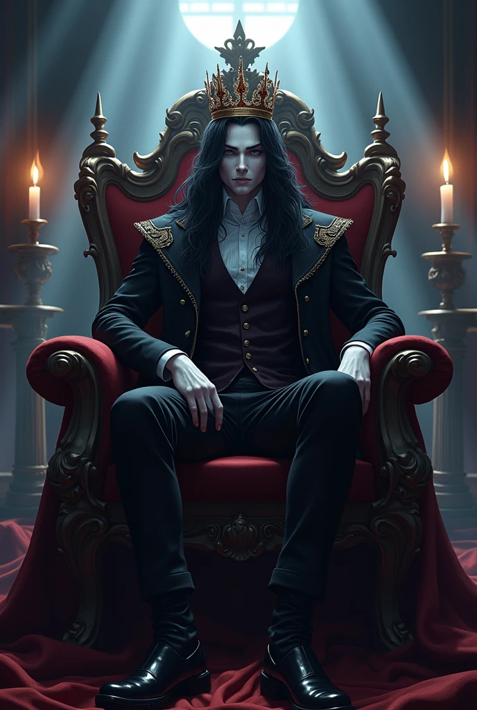 Long black hair. Teal blue eyes, Male, Blue and black frilly gothic clothes, Surrealism, Sexy, Masterpiece, Shiny, Gloomy effects, 8k, super detail, Shiny, Beautifully detailed, Pretty drawn. Sexy pose, hot. Anime. Seductive pose. vampire. Sitting on his throne and crossing his legs in a sultry way. Looking down and smirking with a malicious expression. Bottom angle. long Shiny boots. black shiny leather jeans. attractive and delicate facial features. saying "kneel down" Anime style. People are kneeling and bowing down in front of him in horror and begging for mercy.