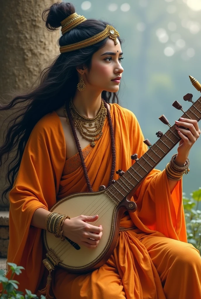 A woman playing a shankh with both hands