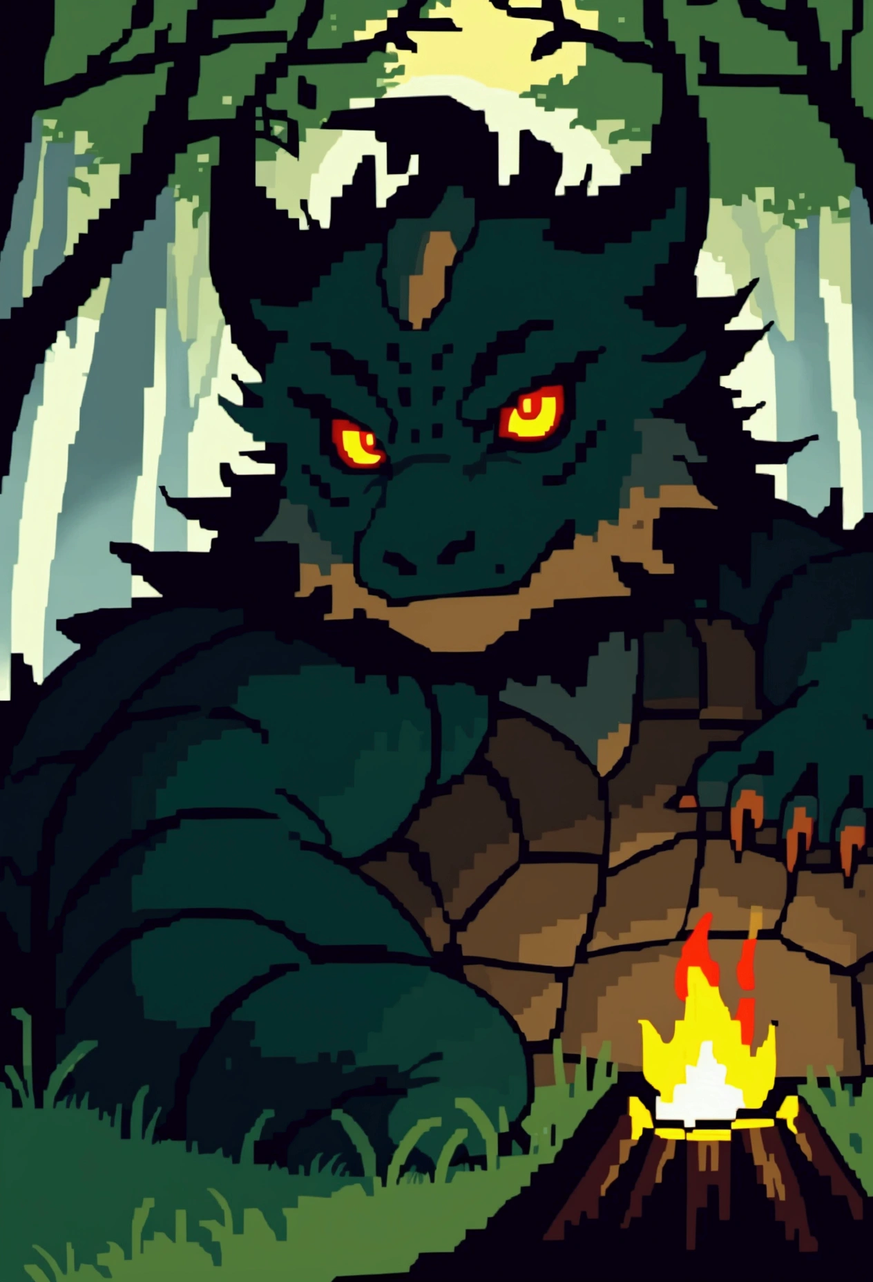 A dragon with glowing eyes, with a tired expression, curled up resting in a forest clearing by a campfire,(warm lighting)