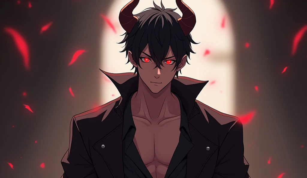 masterpiece, cathedral, dark, anime man, attractive, satan, muscles, (pure white eyes), (no irises or pupils in eyes), short dark brown wavy hair, middle part, black horns, shirtless, black cloth draped over his midsection, beautiful, wings