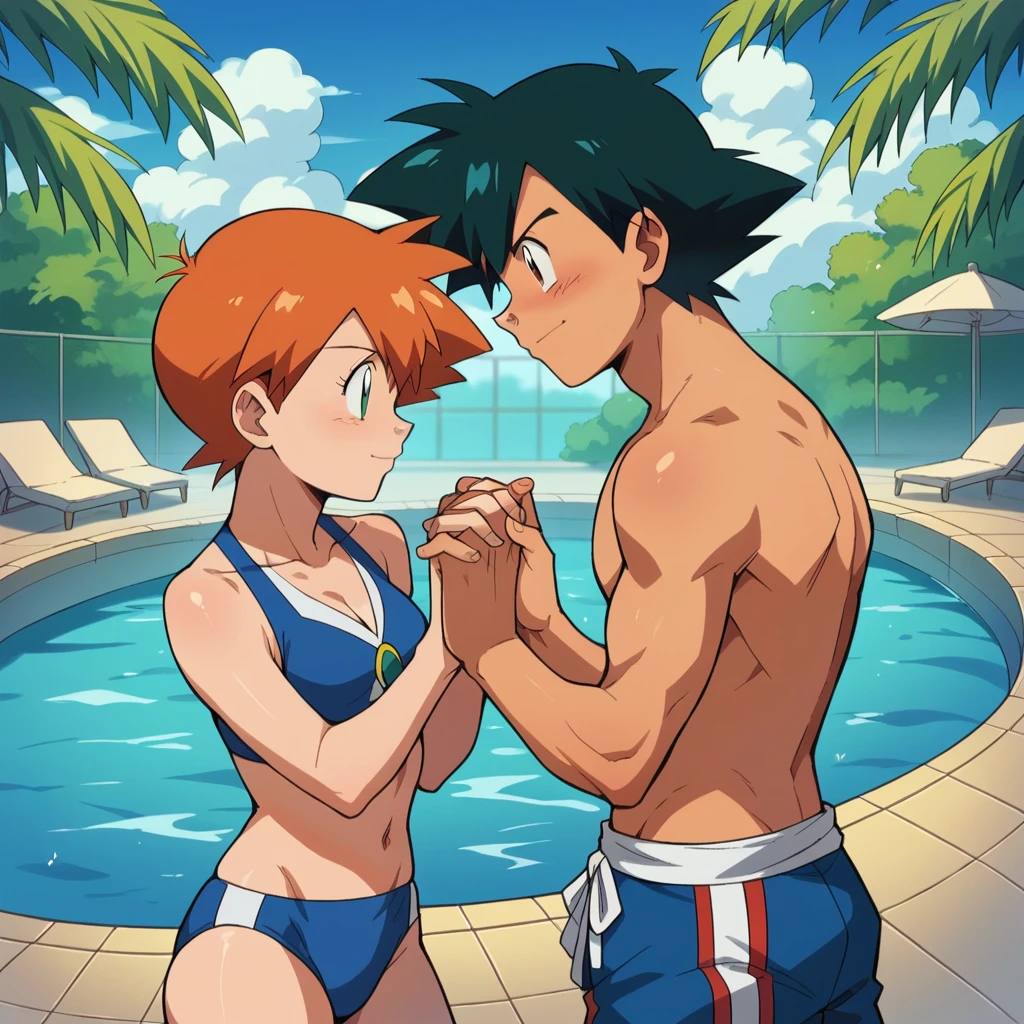 1boy, ash ketchum, black hair, brown eyes, hair between eyes, ash ketchum, open shirt, short sleeves, shirtless, male swimwear, handsome boy, macho, good looking boy 1girl, misty pokemon, orange hair, green eyes, blue swimsuit, blue bikini, pretty, beautiful girl photograph of a 18 years couple, on a pool, they're holding hands, they're showing off their love and affection for each other, looking at each other