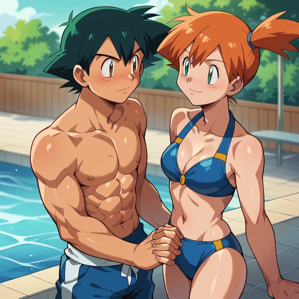 1boy, ash ketchum, black hair, brown eyes, hair between eyes, ash ketchum, open shirt, short sleeves, shirtless, male swimwear, handsome boy, macho, good looking boy 1girl, misty pokemon, orange hair, green eyes, blue swimsuit, blue bikini, pretty, beautiful girl photograph of a 18 years couple, on a pool, they're holding hands, they're showing off their love and affection for each other, looking at each other