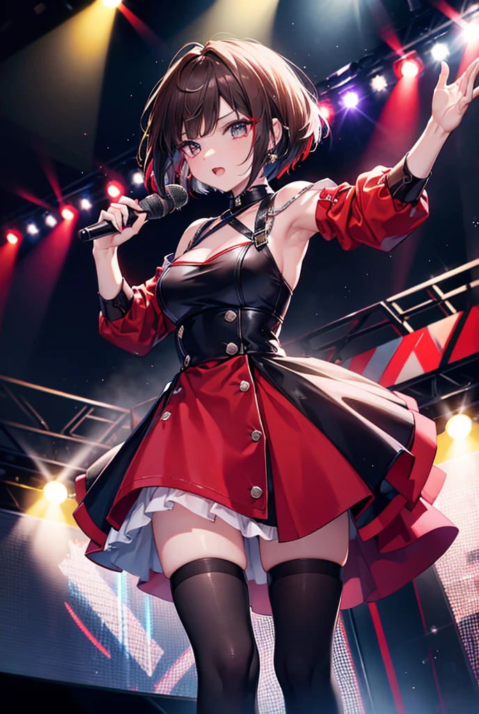 idol, 1girl, ((mature)), big breasts, adult woman, masterpiece, absurd, delicate colors, illustration, bright colors, beautiful, red eye, red hair, ((hair over right eye)), ta dress, short hair, smile, singing at a concert