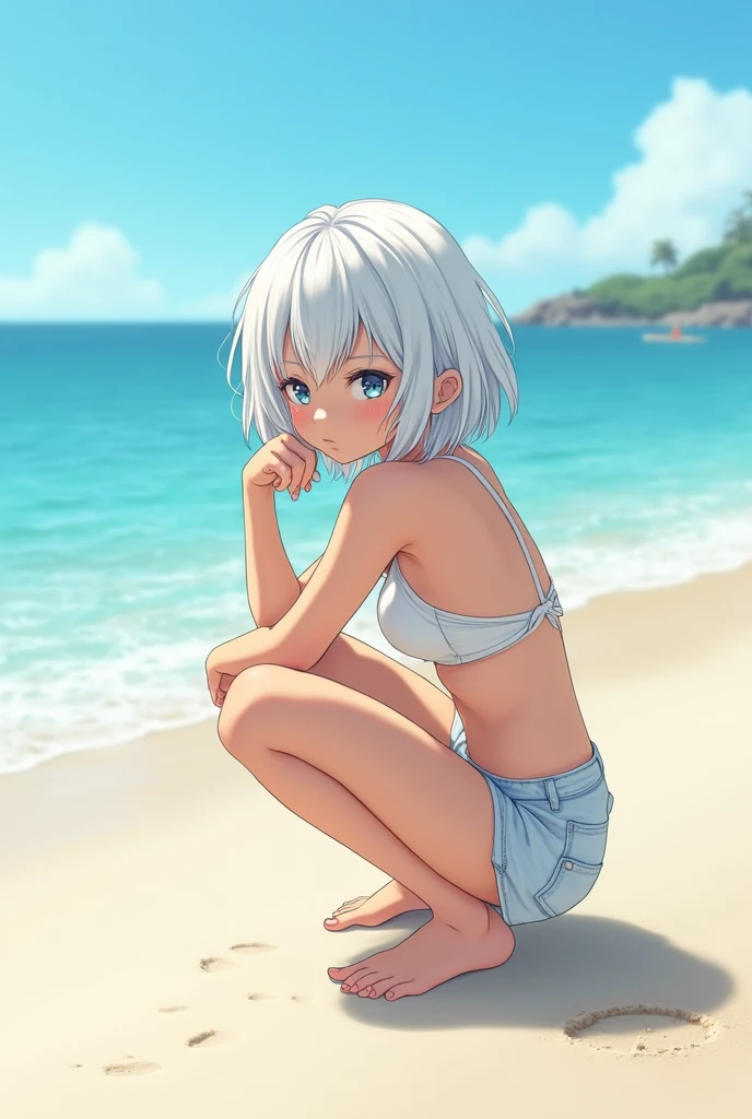 there is a 3d image of a woman in a bikini and a cat ears, second life avatar, vrchat, loli, beach pic, in the beach, at the beach, posing on the beach, at a beach, secondlife, posing on a beach with the ocean, lacivious pose, small curvy loli, imvu, laying on sand