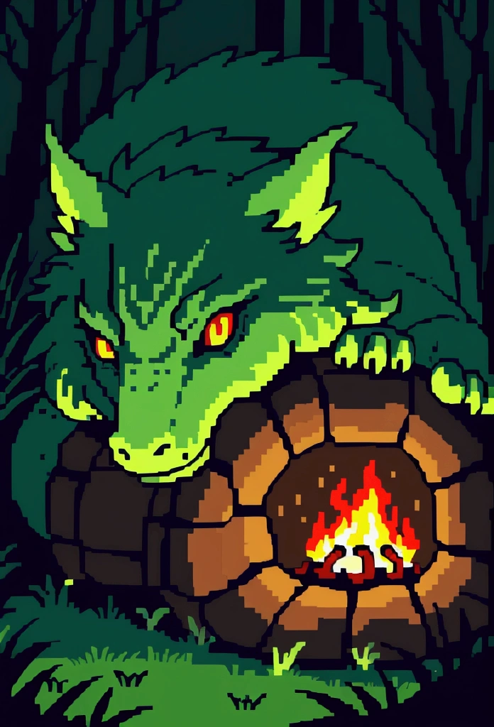 A dragon with glowing eyes, with a tired expression, curled up resting in a forest clearing by a campfire,(warm lighting)