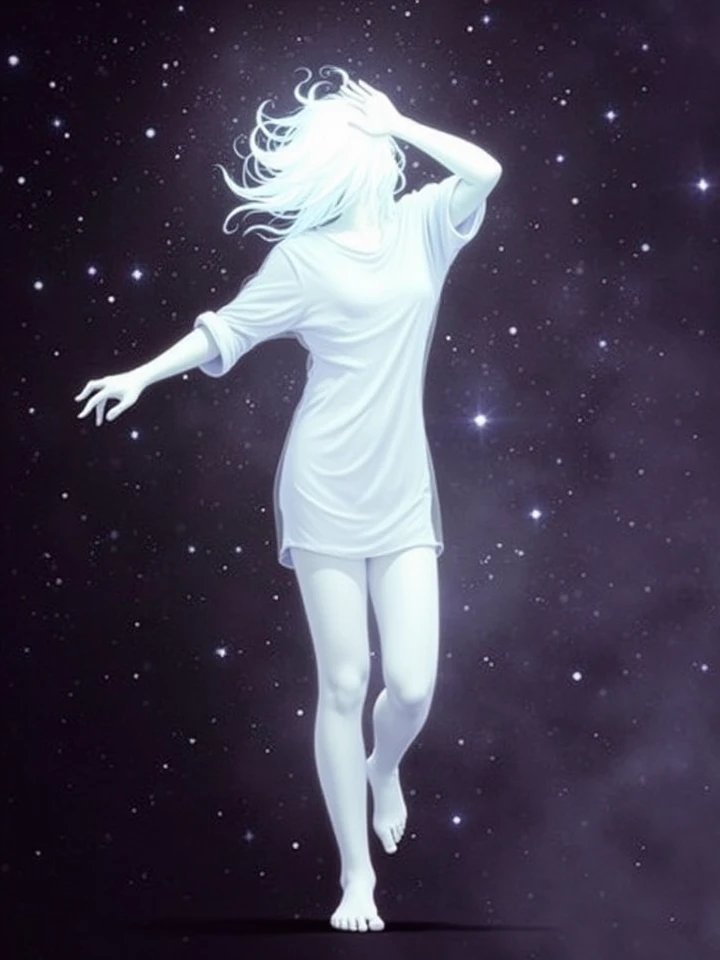 skinny, naked, high. Floating in the vastness of space in the galaxy. full-length naked. silver hair, in heels