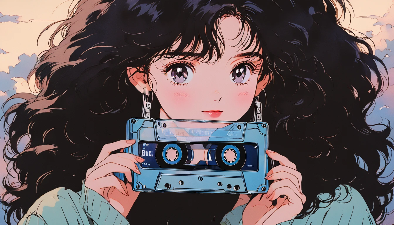 90s anime style, 1990s Style, Clear, 1980s Style, (:1.7), Best Quality, 8k, 1 young , only, Lo-fi Girl, Lofi Art, Low-fi feeling, Looking at the audience, Very big eyes, Wearing a shiny rubber catsuit,Wearing 1980s clothing, Top shot, close, smile, Light brown eyes, Snow-white skin, Shining Eyes, Black Hair, Wavy Hair, Anime girl holding a cassette tape, The main focus is on girls and cassette tapes