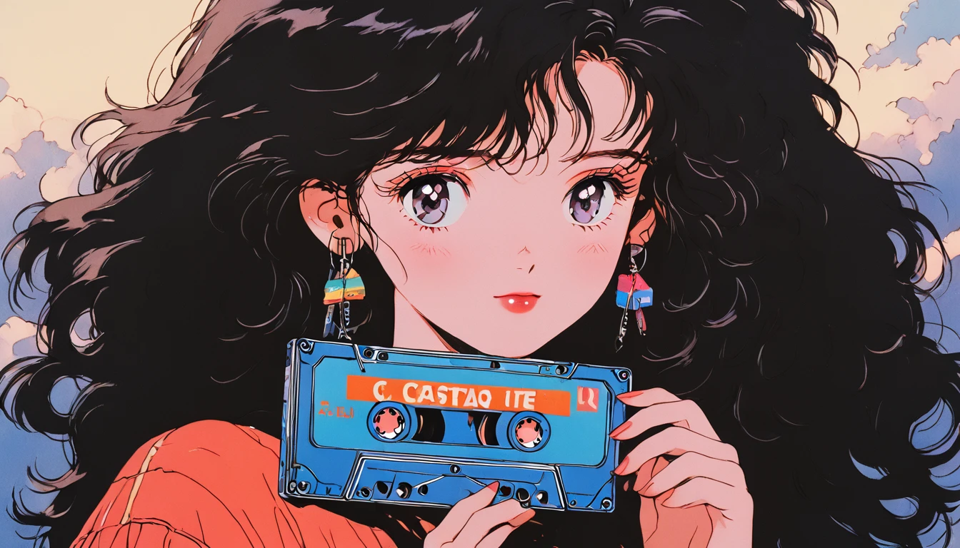 90s anime style, 1990s Style, Clear, 1980s Style, (:1.7), Best Quality, 8k, 1 young , only, Lo-fi Girl, Lofi Art, Low-fi feeling, Looking at the audience, Very big eyes, Wearing a shiny rubber catsuit,Wearing 1980s clothing, Top shot, close, smile, Light brown eyes, Snow-white skin, Shining Eyes, Black Hair, Wavy Hair, Anime girl holding a cassette tape, The main focus is on girls and cassette tapes