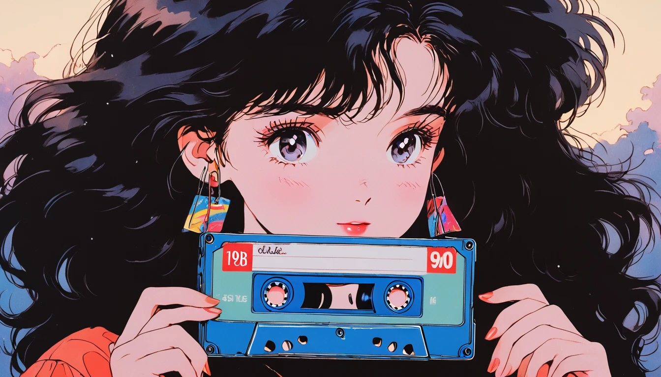 90s anime style, 1990s Style, Clear, 1980s Style, (:1.7), Best Quality, 8k, ****ung , only, Lo-fi Girl, Lofi Art, Low-fi feeling, Looking at the audience, Very big eyes, Wearing a shiny rubber catsuit,Wearing 1980s clothing, Top shot, close, smile, Light brown eyes, Snow-white skin, Shining Eyes, Black Hair, Wavy Hair, Anime girl holding a cassette tape, The main focus is on girls and cassette tapes