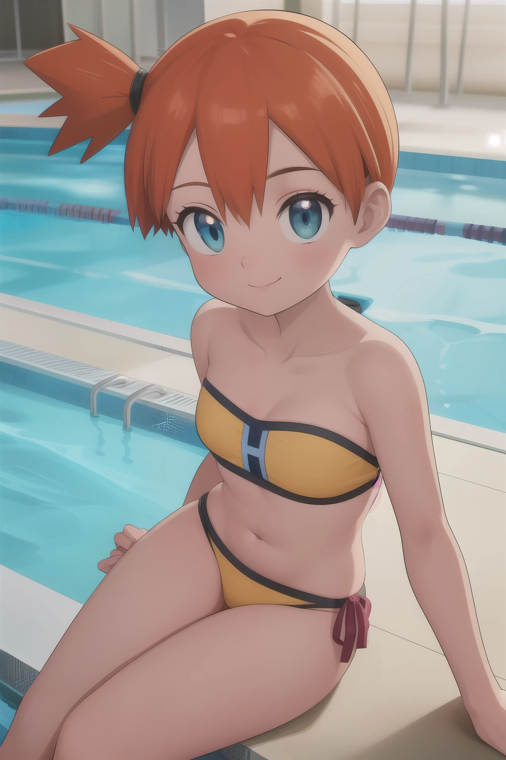 pkmnmisty, 1girl, solo, blue eyes, orange hair, short hair, side ponytail, bangs, hair tie,
small blue strapless bikini,
smile,closed mouth,cowboy shot,sitting,
indoor pool,
(insanely detailed, beautiful detailed face, masterpiece, best quality) cinematic lighting,