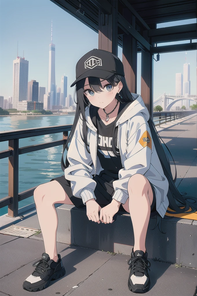 skyscraper, building, city, cityscape, hat, earrings, baseball_cap, 1girl, long_hair, jacket, chain-link_fence, hood, bridge, solo, architecture, shoes, sitting, city_lights, east_asian_architecture, looking_at_viewer, , neonpunkai