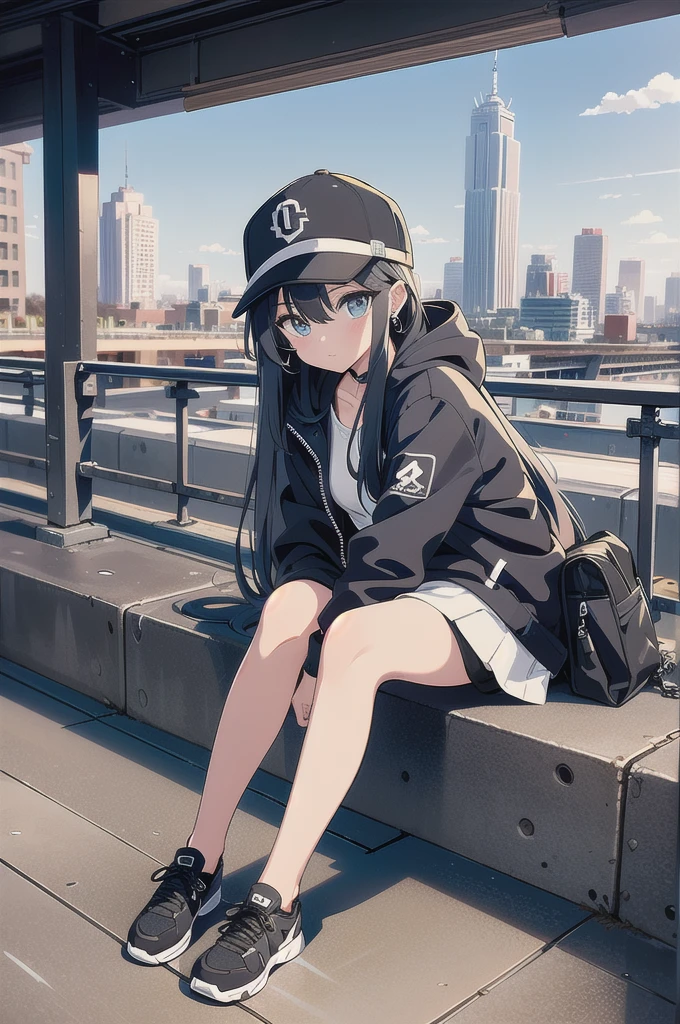 skyscraper, building, city, cityscape, hat, earrings, baseball_cap, 1girl, long_hair, jacket, chain-link_fence, hood, bridge, solo, architecture, shoes, sitting, city_lights, east_asian_architecture, looking_at_viewer, , neonpunkai