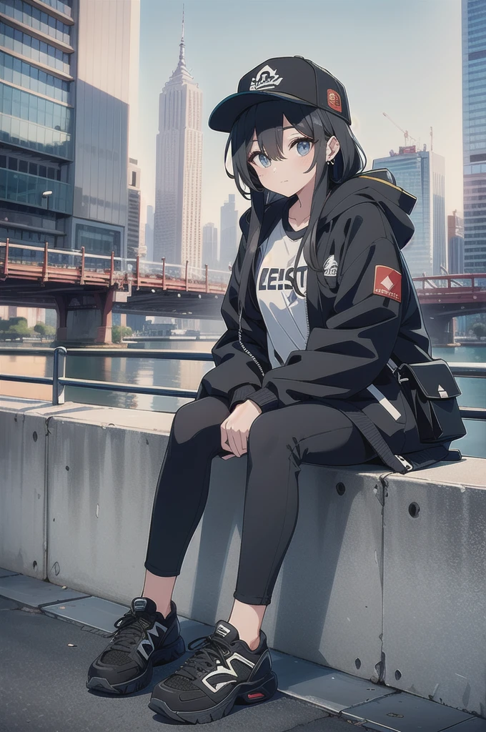 skyscraper, building, city, cityscape, hat, earrings, baseball_cap, 1girl, long_hair, jacket, chain-link_fence, hood, bridge, solo, architecture, shoes, sitting, city_lights, east_asian_architecture, looking_at_viewer, , neonpunkai