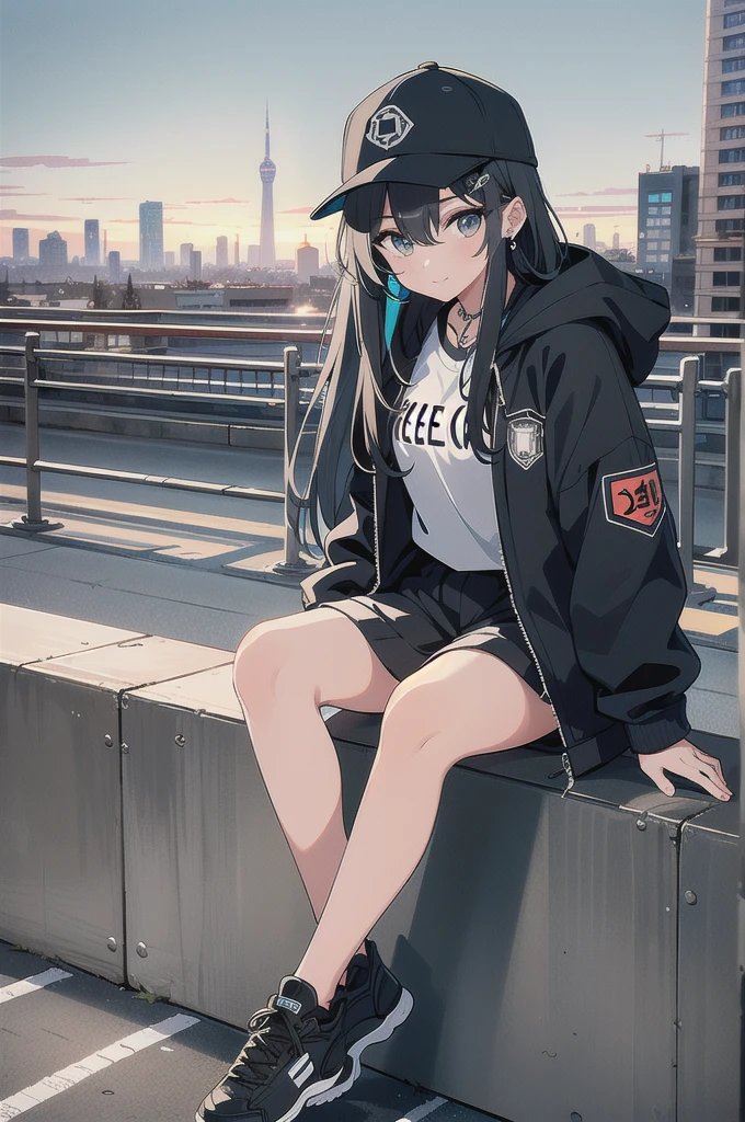 skyscraper, building, city, cityscape, hat, earrings, baseball_cap, 1girl, long_hair, jacket, chain-link_fence, hood, bridge, solo, architecture, shoes, sitting, city_lights, east_asian_architecture, looking_at_viewer, , neonpunkai