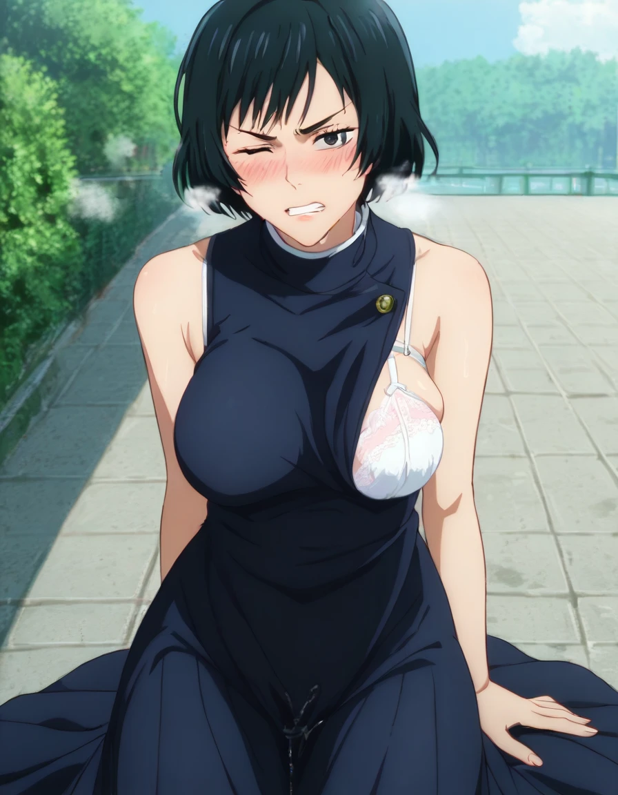 sauce_anime, ambient light,
jujutsu_kaisen_style, Mai Zenin,,zenin mai,  ,1girl ,tall girl, black hair, black eyes, short hair, , wince, frown, close up face:0.2,
nsfw, (show off breast),,  undress black dress, sleeveless dress, maizeninSDXL, hands behind backs, undress long skirt, in lace panties, pussy juice,
outdoors,, realistic outdoor, (kneeling), , steam, 
cowboy shot,, looking at viewer, solo, dutch angle, blush,, lace white bra , clenched teeth, saliva,, medium breast,