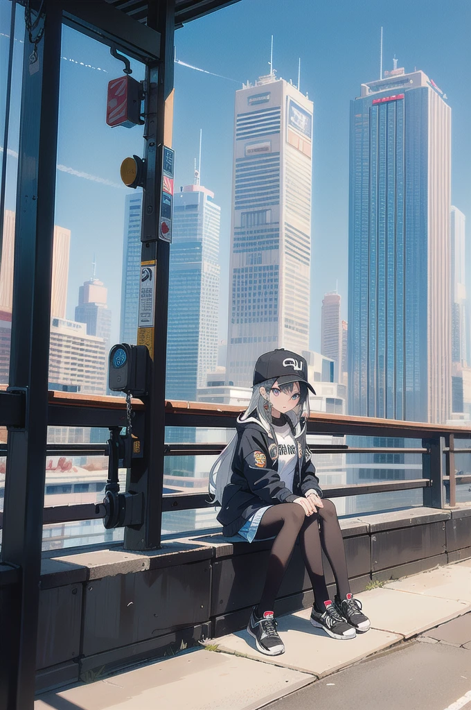 skyscraper, building, city, cityscape, hat, earrings, baseball_cap, 1girl, long_hair, jacket, chain-link_fence, hood, bridge, solo, architecture, shoes, sitting, city_lights, east_asian_architecture, looking_at_viewer, , neonpunkai