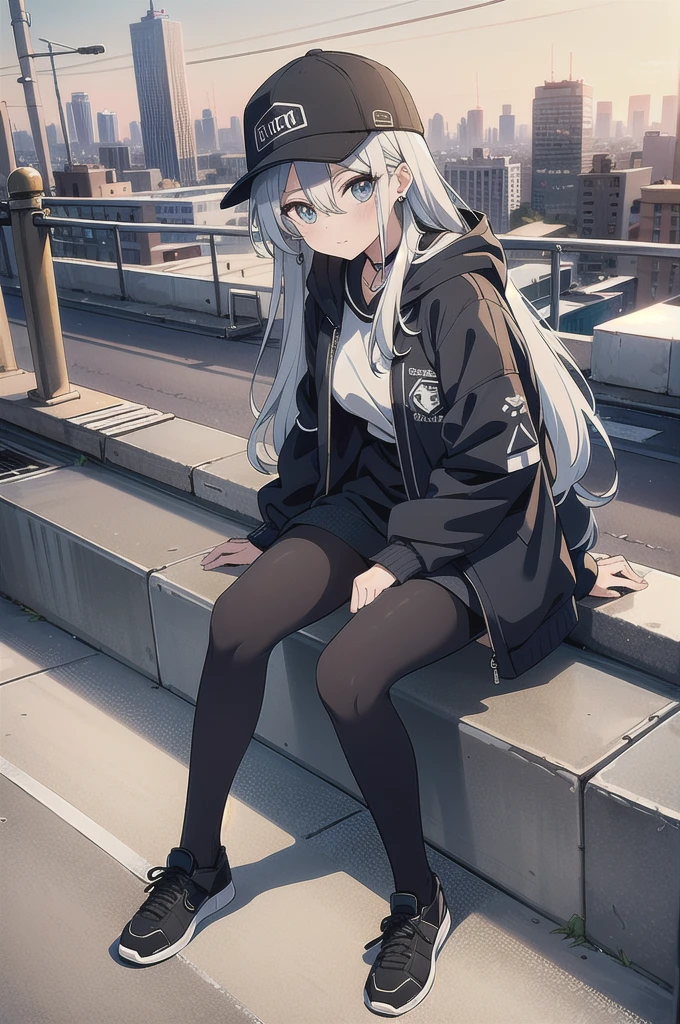 skyscraper, building, city, cityscape, hat, earrings, baseball_cap, 1girl, long_hair, jacket, chain-link_fence, hood, bridge, solo, architecture, shoes, sitting, city_lights, east_asian_architecture, looking_at_viewer, , neonpunkai