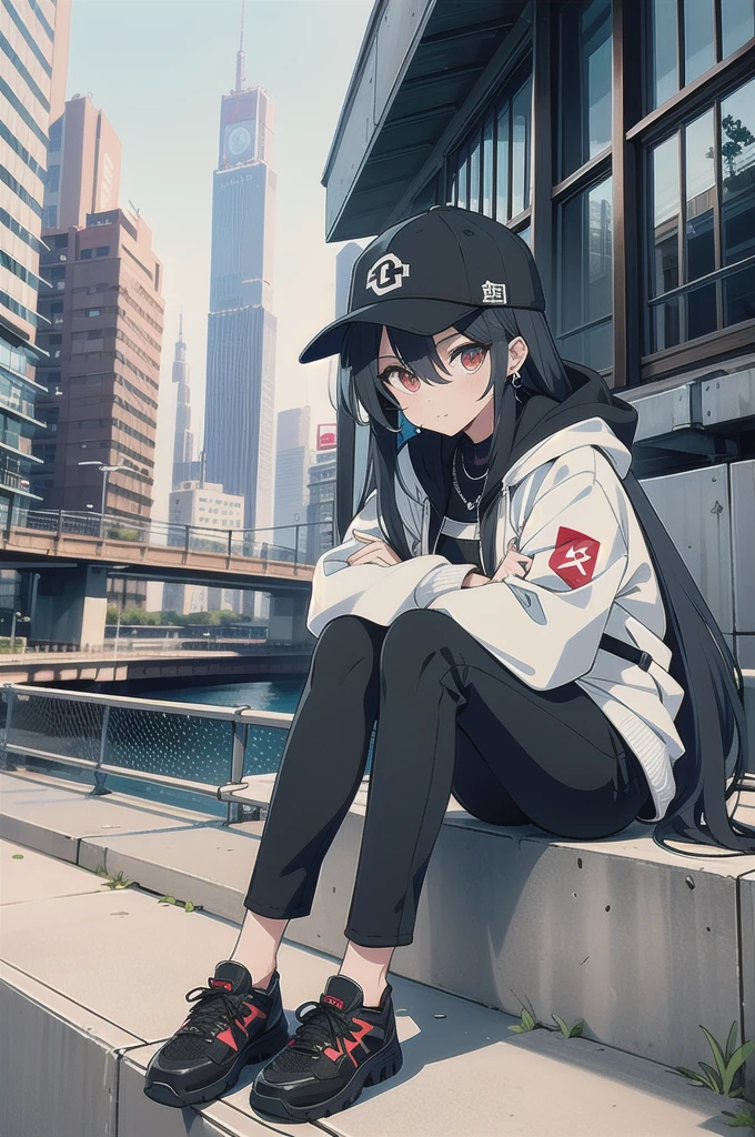 skyscraper, building, city, cityscape, hat, earrings, baseball_cap, 1girl, long_hair, jacket, chain-link_fence, hood, bridge, solo, architecture, shoes, sitting, city_lights, east_asian_architecture, looking_at_viewer, , neonpunkai