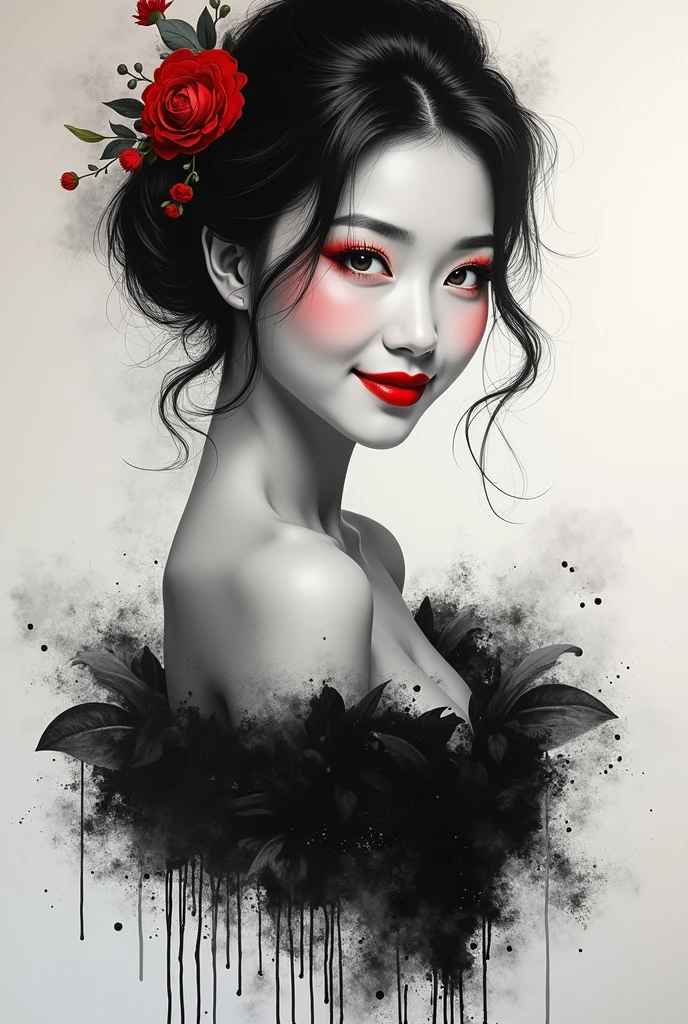 A beautiful young Asian woman exuberant, elegant dress, with a beautiful smile, mysterious and powerful look black and white painting with graphite red lips, with small splashes of paint around, rich in details, work of art with good taste, innovative and very refined , at the bottom of the painting paint dripping