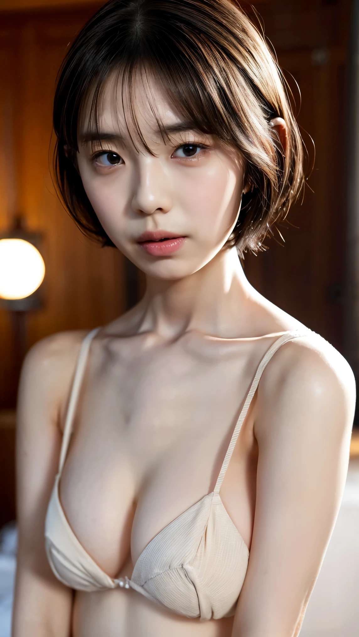 ((Petite women, Sensual woman, No makeup, 柔らかい笑face)), (((Small eyes, length, Narrow eyes, Black Hair, Short Bob Hair))), (Full body portrait, Short Hair, Large Breasts, Wearing a white T-shirt, Protruding nipples, Thick pubic hair), White skin, Glossy pale lips, skinny, Body Type, Delicate and sexy collarbone, Best Quality, RAW Photos, Realistic, face, so beautiful, cute, Depth of the written border, High resolution, 超detailed, detailed, Very detailed, extremely detailed eye and face, Sharp pupils, Sharp focus, Cinema Lighting