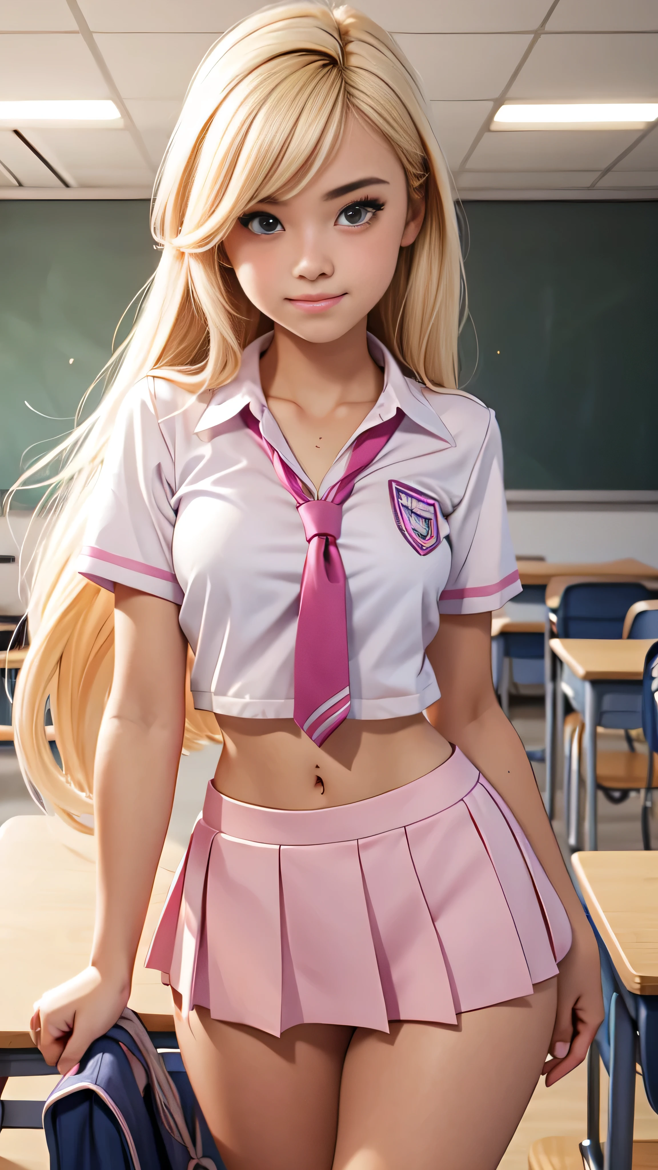 Cute teen blonde girl wearing revealing pink high-school uniform in classroom, sexy, petite, popular girl,