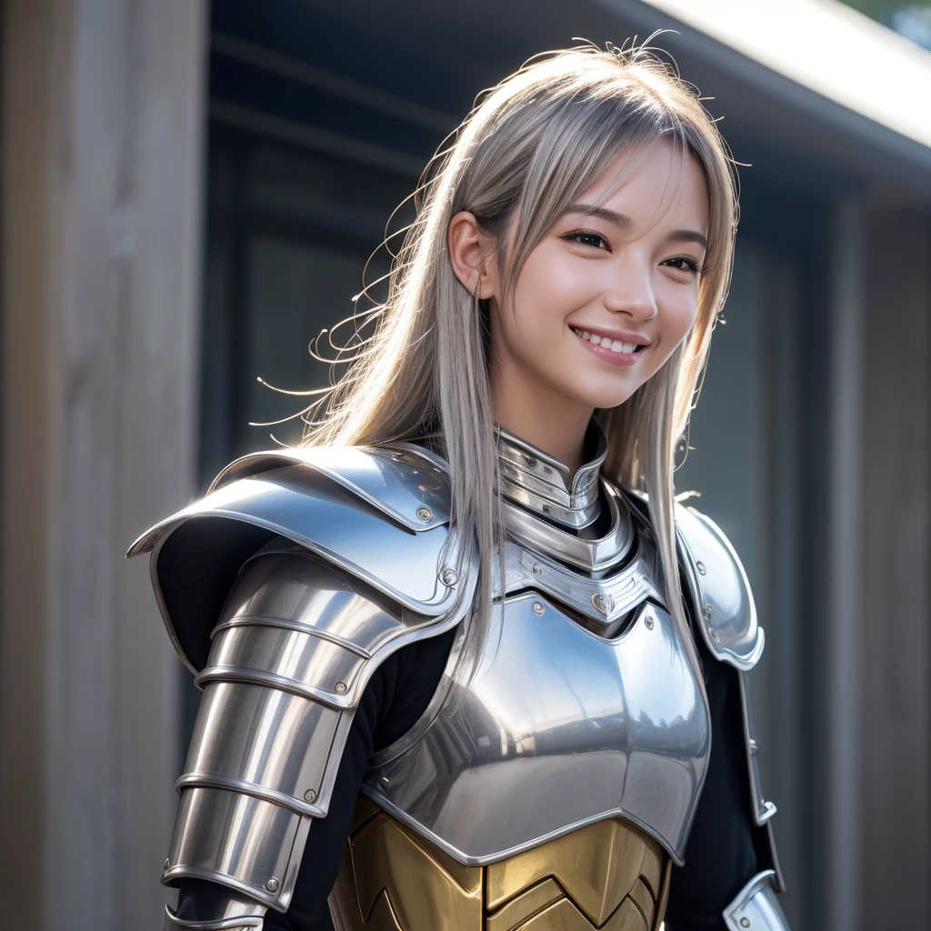 Tin armor gloves,Tall girl,(Long blonde hair 1.3,Details Hair 1.3,wavy and long hair),"Light blue eyes 1.2,The pupils shine with shining stars",Fine depiction of facial skin,seduct smile,Realistic style photos,high high quality,Look down
