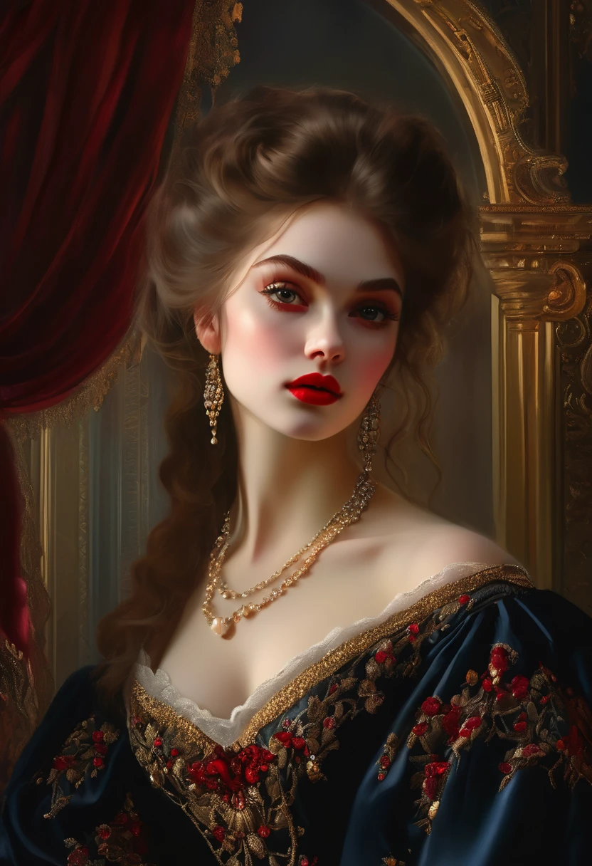 (High resolution,masterpiece:1.2),(Realistic:1.37)Portrait of an 18th century Russian vampire girl of unparalleled beauty. She has captivating red eyes and delicate rosy lips. Long fangs, The portrait is carefully drawn down to the smallest detail., Capture the subtle nuances of her features. She is wearing a beautiful silk gown, Adorned with intricate lace and delicate embroidery. This painting speaks of the luxury of the time., Luxurious velvet curtains and gold furniture in the background. The lighting is soft and diffused, Highlight the girl&#39;s graceful beauty. the colors are vivid and rich, Create compelling visual experiences. This portrait is painted in the classical portrait style., Reminiscent of the works of famous artists of the time. It exudes elegance, Grace, Sophistication. sharp long claws, (Crimson eyes:1.4), Flame-red eyes, (Sharp fangs visible through the gap between his lips:1.8), There is a bite mark on the neck.２There are two holes