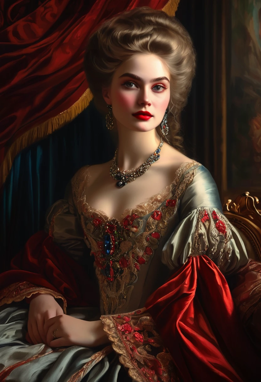 (High resolution,masterpiece:1.2),(Realistic:1.37)Portrait of an 18th century Russian vampire girl of unparalleled beauty. She has captivating red eyes and delicate rosy lips. Long fangs, The portrait is carefully drawn down to the smallest detail., Capture the subtle nuances of her features. She is wearing a beautiful silk gown, Adorned with intricate lace and delicate embroidery. This painting speaks of the luxury of the time., Luxurious velvet curtains and gold furniture in the background. The lighting is soft and diffused, Highlight the girl&#39;s graceful beauty. the colors are vivid and rich, Create compelling visual experiences. This portrait is painted in the classical portrait style., Reminiscent of the works of famous artists of the time. It exudes elegance, Grace, Sophistication. sharp long claws, (Crimson eyes:1.4), Flame-red eyes, (Sharp fangs visible through the gap between his lips:1.8), There is a bite mark on the neck.２There are two holes