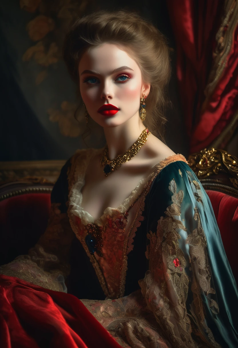 (High resolution,masterpiece:1.2),(Realistic:1.37)Portrait of an 18th century Russian vampire girl of unparalleled beauty. She has captivating red eyes and delicate rosy lips. Long fangs, The portrait is carefully drawn down to the smallest detail., Capture the subtle nuances of her features. She is wearing a beautiful silk gown, Adorned with intricate lace and delicate embroidery. This painting speaks of the luxury of the time., Luxurious velvet curtains and gold furniture in the background. The lighting is soft and diffused, Highlight the girl&#39;s graceful beauty. the colors are vivid and rich, Create compelling visual experiences. This portrait is painted in the classical portrait style., Reminiscent of the works of famous artists of the time. It exudes elegance, Grace, Sophistication. sharp long claws, (Crimson eyes:1.4), Flame-red eyes, (Sharp fangs visible through the gap between his lips:1.8), There is a bite mark on the neck.２There are two holes