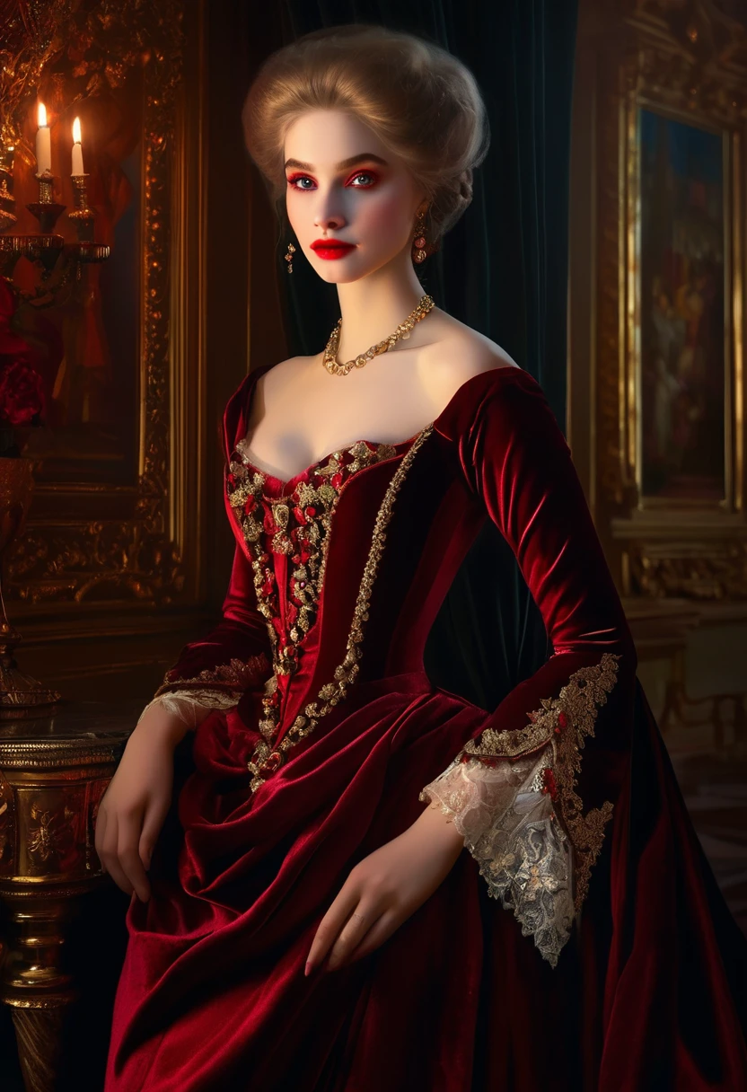 (High resolution,masterpiece:1.2),(Realistic:1.37)Portrait of an 18th century Russian vampire girl of unparalleled beauty. She has captivating red eyes and delicate rosy lips. Long fangs, The portrait is carefully drawn down to the smallest detail., Capture the subtle nuances of her features. She is wearing a beautiful silk gown, Adorned with intricate lace and delicate embroidery. This painting speaks of the luxury of the time., Luxurious velvet curtains and gold furniture in the background. The lighting is soft and diffused, Highlight the girl&#39;s graceful beauty. the colors are vivid and rich, Create compelling visual experiences. This portrait is painted in the classical portrait style., Reminiscent of the works of famous artists of the time. It exudes elegance, Grace, Sophistication. sharp long claws, (Crimson eyes:1.4), Flame-red eyes, (Sharp fangs visible through the gap between his lips:1.8), There is a bite mark on the neck.２There are two holes