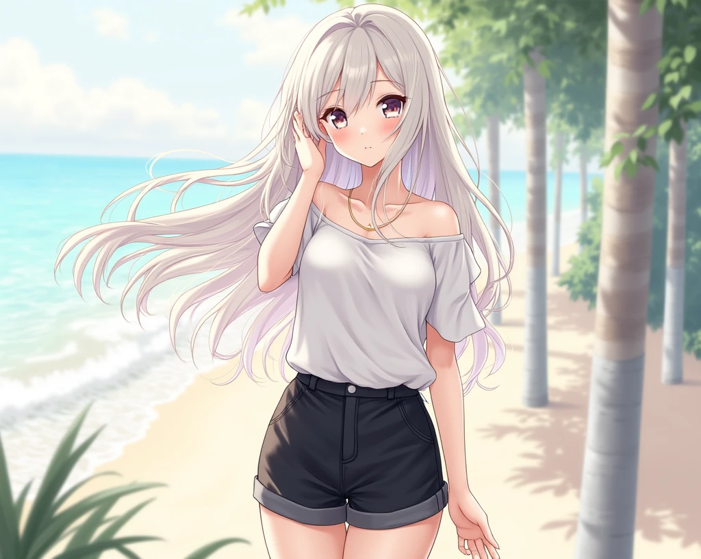 masterpiece, best quality, very aesthetic, absurdres, newest,1girl,naked_shirt, pussy_hair, ,emilia_(re:zero), re:zero_kara_hajimeru_isekai_seikatsu, 1girl, elf, pointy_ears, white_hair, long_hair, purple_eyes, hair_flower, hair_ornament, hair_ribbon, purple_ribbon,,,in an island