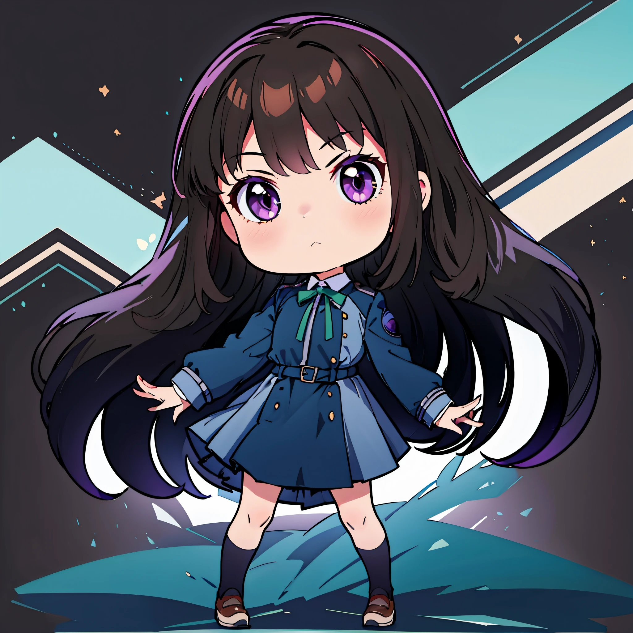 ((masterpiece, best quality, highres)), (abstract background), depth of field, 
BREAK, 1girl, ((chibi)), (chibi style), standing, fullbody shot, Serious expression,    
BREAK, takina inoue, purple eyes, black hair, long hair, 
BREAK, long hair, lycoris uniform, green ribbon, long sleeves, two-tone dress, pleated dress, collared shirt, kneehighs, clothing buttons