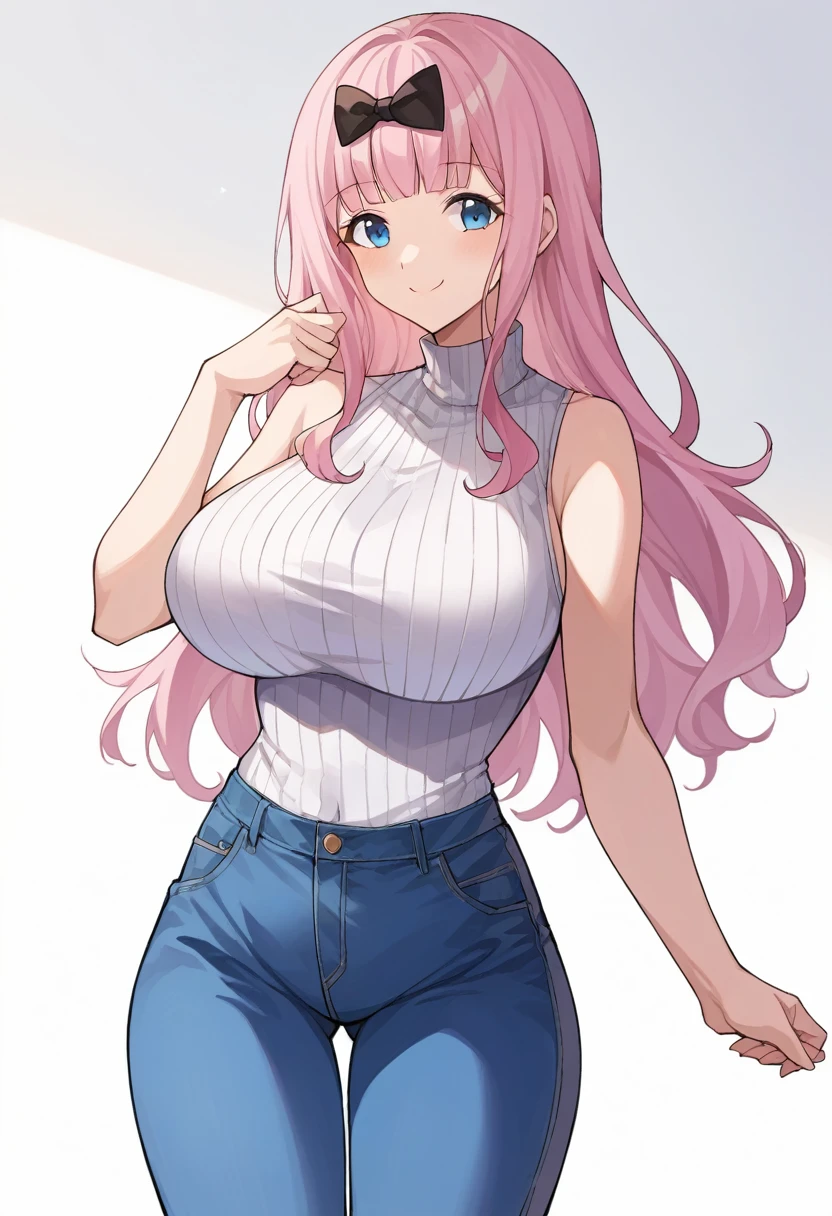 score_9, score_6_up, source_anime, 1girl, Alone,White background, chika, blue eyes, pink hair, hair bow, ,Huge breasts、Long chest、Slim body、smile、White sleeveless high neck ribbed knit、Blue denim pants、The whole body is visible