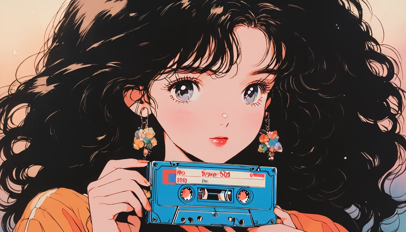 90s anime style, 1990s Style, Clear, 1980s Style, (:1.7), Best Quality, 8k, ****ung , only, Lo-fi Girl, Lofi Art, Low-fi feeling, Looking at the audience, Very big eyes,Wearing a shiny rubber catsuitm,Top shot, close, smile, Light brown eyes, Snow-white skin, Shining Eyes, Black Hair, Wavy Hair, Anime girl holding a cassette tape, The main focus is on girls and cassette tapes