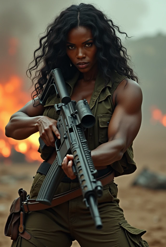 Masterpiece, Amazon woman, wearing a tan loincloth, tan cloth bra, dark skin, long hair, holding a knife, in front of a burning military vehicle, realistic 