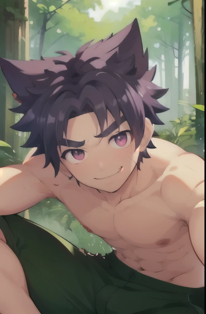 Yoichi, shirtless, green pants, forest background, looking at viewer, blush, teasing smile, sweat,