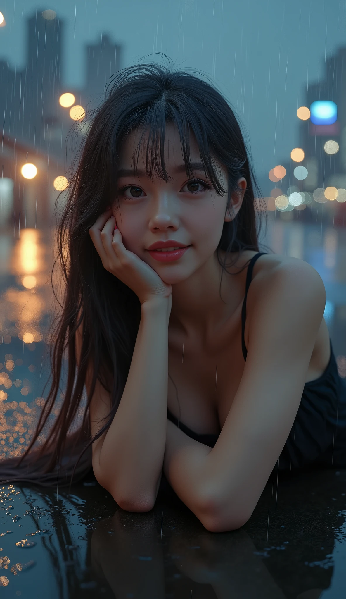 gals,sologirl,Back alley in heavy rain,Drenched bad girl,piercings,gal make,Gal style fashion,(The whole body is soaking wet,Rainwater dripping from the face,Wet face,wetting hair,Wet and glowing skin,Soaking wet costumes,),(Glossy light brown and orange two-tone hair,Short ponytail),(The composition of the princess's face,big eye,Pointed lips,red lipsticks,Cute round face,A smile that makes the viewer happy,blushing with embarrassment,red blush,),(Bold poses),(The 8k quality,masutepiece,top-quality,Ultra-high resolution output image,),intricate detailes,(Highly detailed raw photos:1.3),(Image Mode Ultra HD),
