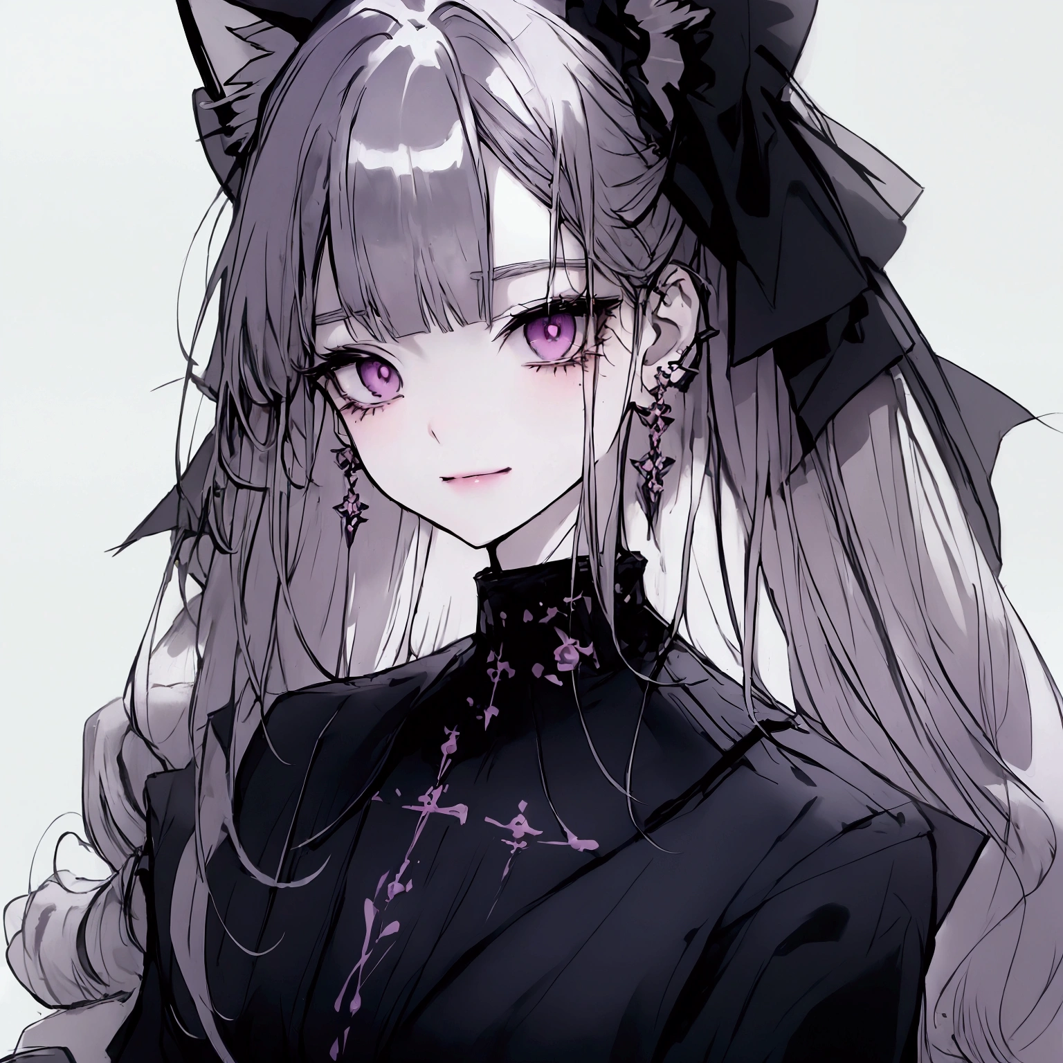 High quality,detail,1girl,pastel purple hair,long hair,pastel color,Light tones,smile,gray ayes,Simple Background,Single color background,Kawaii,anime,Illness,Earrings,Gothic,Low saturation,portrait,Cat ears