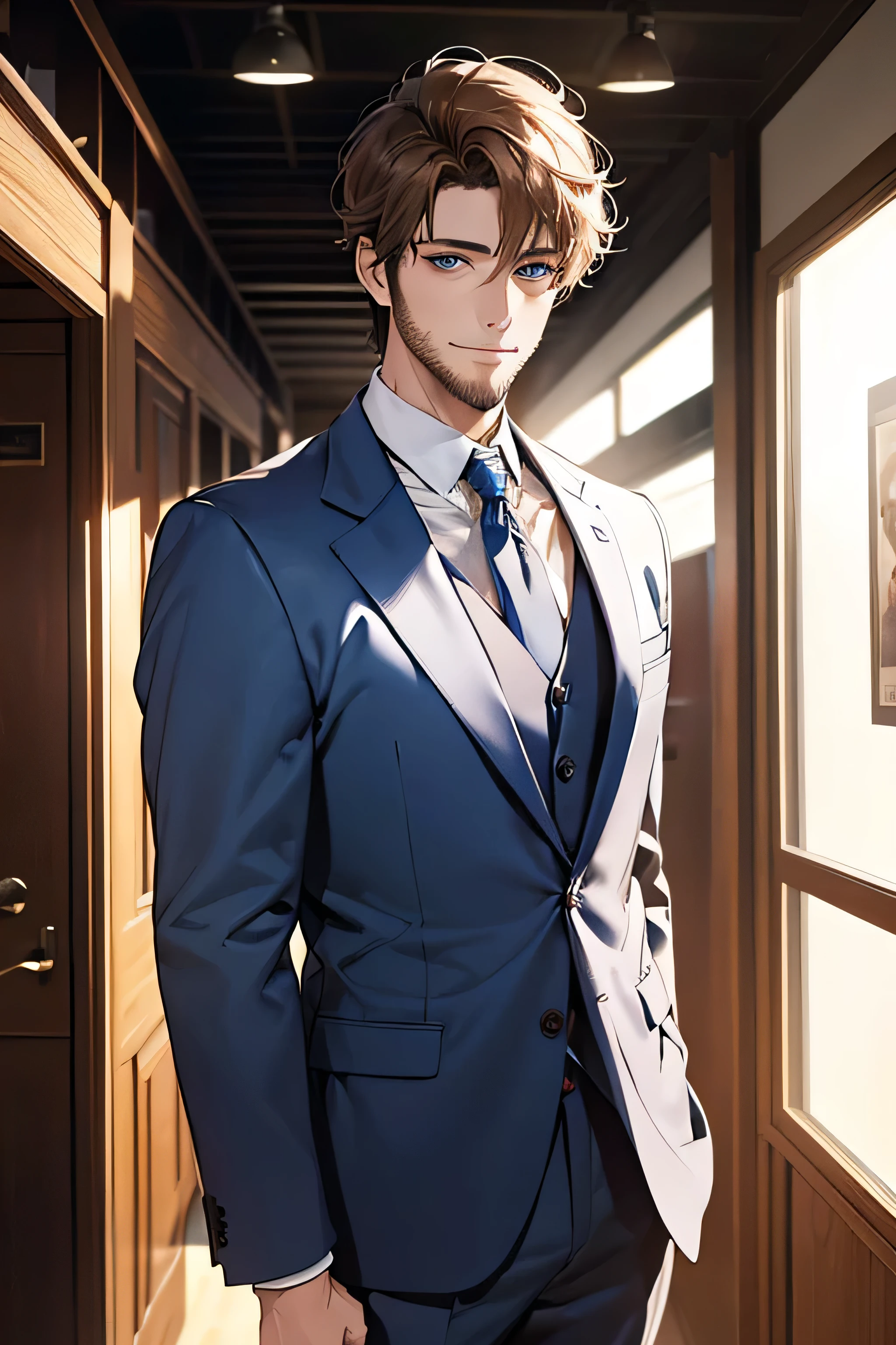 （1 Adult male），A high resolution， Sharp focus， Pixiv masterpiece， （（Complicated details））， highly  detailed， natsuki_subaru， 1 man， with her mouth open，full bodyesbian，sit astride， Blue eyes（glowing light eyes）， with short white hair，white  shirt，Wear a tie，Wear a belt，perspire，look from down