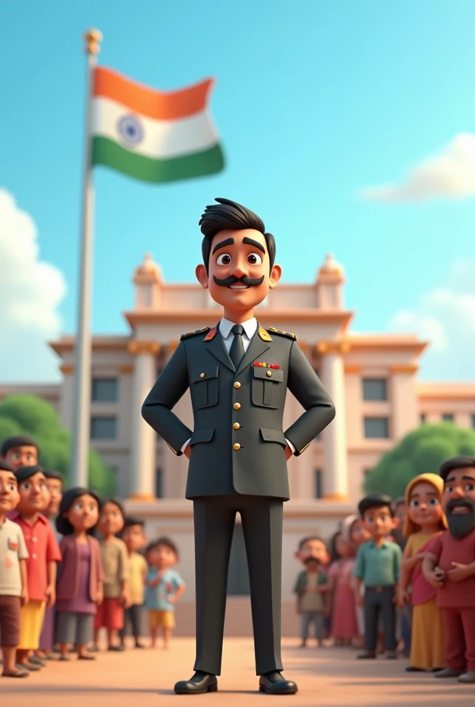 Kids soldier parading at lal quila , dressed in vibrant uniforms with shiny medals, marching in perfect harmony. The sun sets behind the grand arch, casting a golden glow. Crowds cheer, waving flags. Balloons float in the sky, and flower petals rain down, creating a festive, cinematic atmosphere
