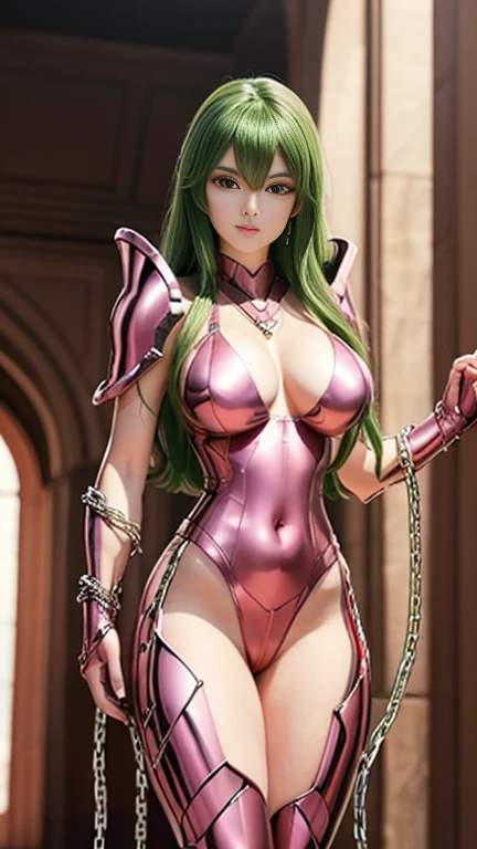 Realistic 1.2, pose sensual, full body photo, In the martial arts arena of the Colosseum, ultra realistic, in Greece, detailed face, detailed eyes, detailed nose, detailed mouth, Martial Arts Tournaments, Saint Seiya,  beautiful, Korean doll, athletic body, huge breasts, breast cleavage, beauty legs, He wears shiny futuristic combat bikini armor in metallic red, green hair, Shiny silver chains are connected from all sides, Unbelievable number of glowing chains, Armor with chains, 8k, superior quality, pubic hair beauty, high resolution, very high resolution, 1080P, hard disk, 16, very detailed, Extremely detailed art, [ Arte Digital 4K ]