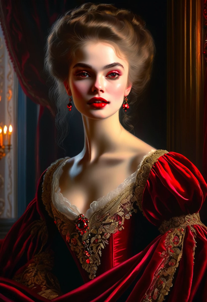 (High resolution,masterpiece:1.2),(Realistic:1.37)Portrait of an 18th century Russian vampire girl of unparalleled beauty. She has captivating red eyes and delicate rosy lips. Long fangs, The portrait is carefully drawn down to the smallest detail., Capture the subtle nuances of her features. She is wearing a beautiful silk gown, Adorned with intricate lace and delicate embroidery. This painting speaks of the luxury of the time., Luxurious velvet curtains and gold furniture in the background. The lighting is soft and diffused, Highlight the girl&#39;s graceful beauty. the colors are vivid and rich, Create compelling visual experiences. This portrait is painted in the classical portrait style., Reminiscent of the works of famous artists of the time. It exudes elegance, Grace, Sophistication. sharp long claws, (Crimson eyes:1.4), Flame-red eyes, (Sharp fangs visible through the gap between his lips:1.8), There is a bite mark on the neck.２There are two holes