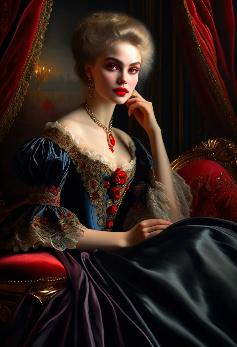 (High resolution,masterpiece:1.2),(Realistic:1.37)Portrait of an 18th century Russian vampire girl of unparalleled beauty. She has captivating red eyes and delicate rosy lips. Long fangs, The portrait is carefully drawn down to the smallest detail., Capture the subtle nuances of her features. She is wearing a beautiful silk gown, Adorned with intricate lace and delicate embroidery. This painting speaks of the luxury of the time., Luxurious velvet curtains and gold furniture in the background. The lighting is soft and diffused, Highlight the girl&#39;s graceful beauty. the colors are vivid and rich, Create compelling visual experiences. This portrait is painted in the classical portrait style., Reminiscent of the works of famous artists of the time. It exudes elegance, Grace, Sophistication. sharp long claws, (Crimson eyes:1.4), Flame-red eyes, (Sharp fangs visible through the gap between his lips:1.8), There is a bite mark on the neck.２There are two holes