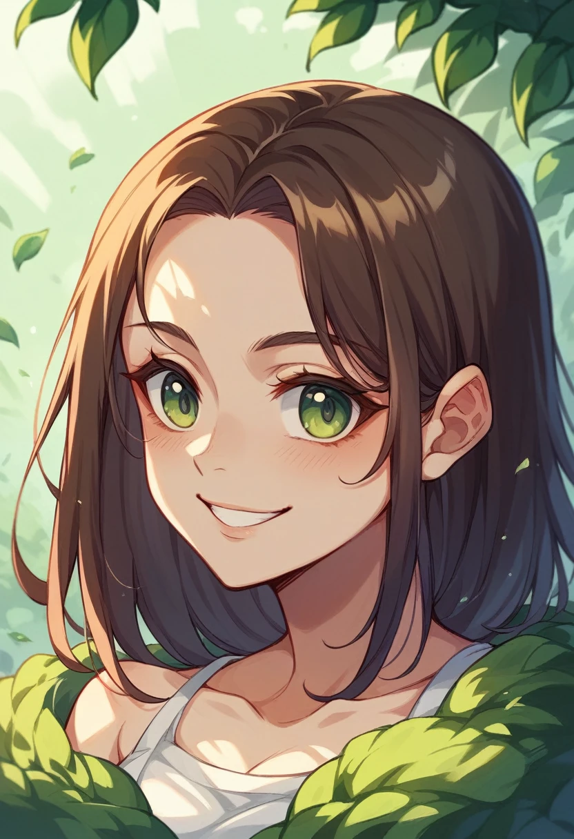 (masterpiece), (best quality), ultra high res, sharp focus, warm pastel tone, ((1 mature woman, solo)), upper body, medium long shot, MLS, beautiful detailed hair, chestnut brown hair, messy long hair, beautiful detailed face, ((beautiful shapes of eyes, green eyes)), perfect feminine face, happy face, smiles, look at the viewer,feminine light dress, in the beautiful morning, sitting on ground of the beautiful flowers meadow