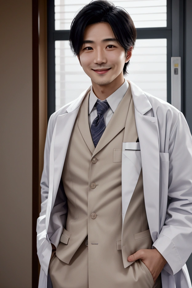 male, doctor , japanese , 30s , at the hospital , good-looking , white coat , frontal face , smile , Diffused lighting